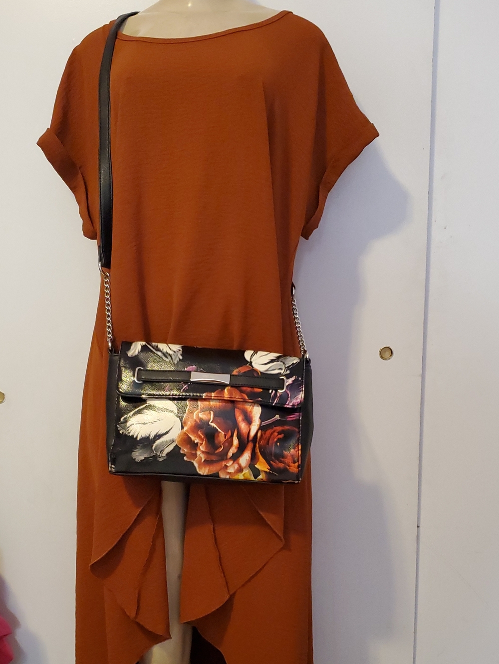 Nine West Black Floral Crossbody Bag with Orange Rose Accent